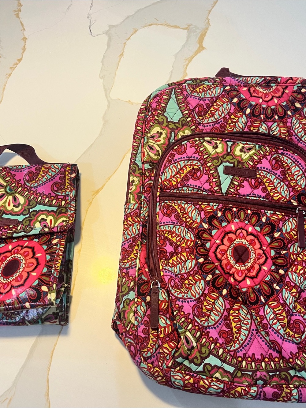 Vera Bradley Pink and Green Floral Paisley Backpack and lunch box set